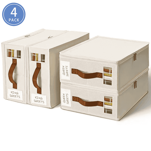 VOZOGO 4 Pack Sheet Organizers and Storage, Foldable Closet Bed Sheets Organizer with Window,Zipper, Label, Handle, Folding Bedding Storage for Bedsheets, Blankets and Towel ,White