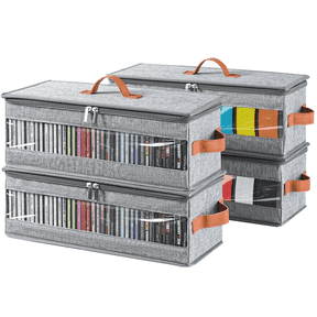 VOZOGO 4 PCS CD Storage Box with Lid and Handles, Stackable CD Case Holder with Visible Window, Holds Up to 148 CDs for Media,Jewel Case ,Grey
