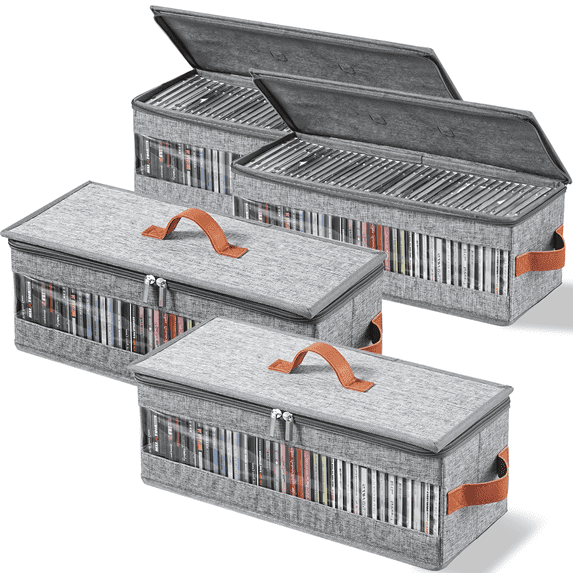 VOZOGO 4 Packs CD Storage Box with Visible Window, Stackable CD Case Holder with Dustproof Lid and Handles, Holds Up to 148 CDs in Full Jewel Cases 15.75 x 5.12 x 5.12 In Inches,Grey