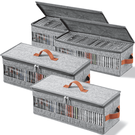 VOZOGO 4 Packs CD Storage Box with Visible Window, Stackable CD Case Holder with Dustproof Lid and Handles, Holds Up to 148 CDs in Full Jewel Cases 15.75 x 5.12 x 5.12 In Inches,Grey