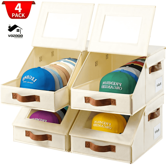 VOZOGO 4 Pack Hat Storage for Baseball Caps, Stackable Hat Organizer with Sliding Drawer, Large Closet and Shelf Organizer for Hats, Clothes Each Holds 14 Hats, White