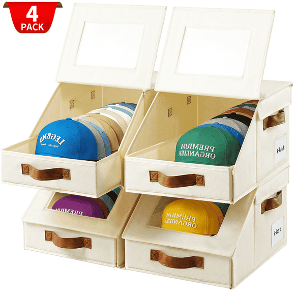 VOZOGO 4 Pack Hat Storage for Baseball Caps, Stackable Hat Organizer with Sliding Drawer, Large Closet and Shelf Organizer for Hats, Clothes Each Holds 14 Hats, White