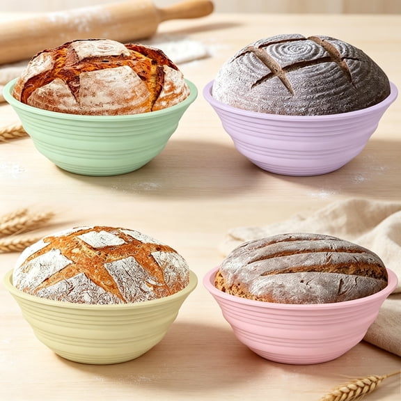 VOZOGO 4Pcs Silicone Banneton Bread Proofing Baskets, 9" Collapsible Sourdough Bread Baking Supplies Non-Stick Round Dough Proofing Bowl Containers Oven Safe for Various Tastes Bread Making-BPA Free