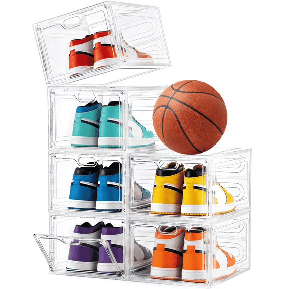 VOZOGO 6 Pack Large Clear Shoe Storage Box Stackable, Shoe Box with Magnetic Door, Shoe Organizer and Shoe Containers for Sneaker Storage