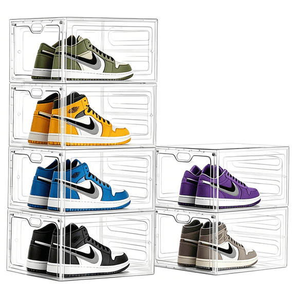 VOZOGO 6 Pack Clear Shoe Storage Organizer Box, Stackable Plastic Shoe Cabinet Box Set with Magnetic Door, Shoe Rack for Sneaker Storage,Shoe Containers 13.4"x 9.8"x 7.1"