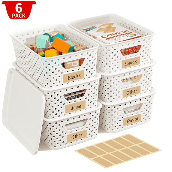 VOZOGO 6PCS Small Plastic Storage Basket with Lid Plastic Storage Bins with Labels Stackable Container for Organizing Storage Box for Shelves Office Cabinet Drawer,Cream White