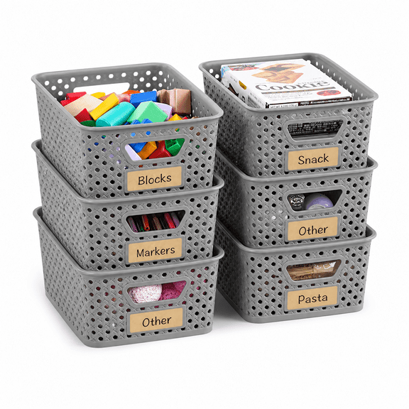 VOZOGO 6pcs Small Plastic Storage Baskets with Lids Stackable Box Bins Pantry Decorative Containers Cute with Labels for Organizing Desktop Closet Office,Grey
