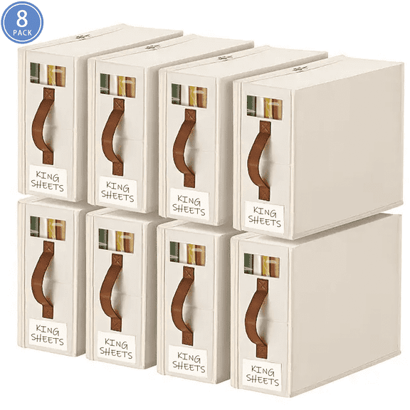 VOZOGO 8 Pack Bed Sheet Organizers and Storage, Foldable Sheet Organizer for Closet, Sheets Set Folder Keeper with Zipper, Label, Handle, Window Organizing Bedding Container, White