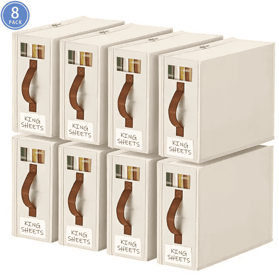 VOZOGO 8 Pack Bed Sheet Organizers and Storage, Foldable Sheet Organizer for Closet, Sheets Set Folder Keeper with Zipper, Label, Handle, Window Organizing Bedding Container, White