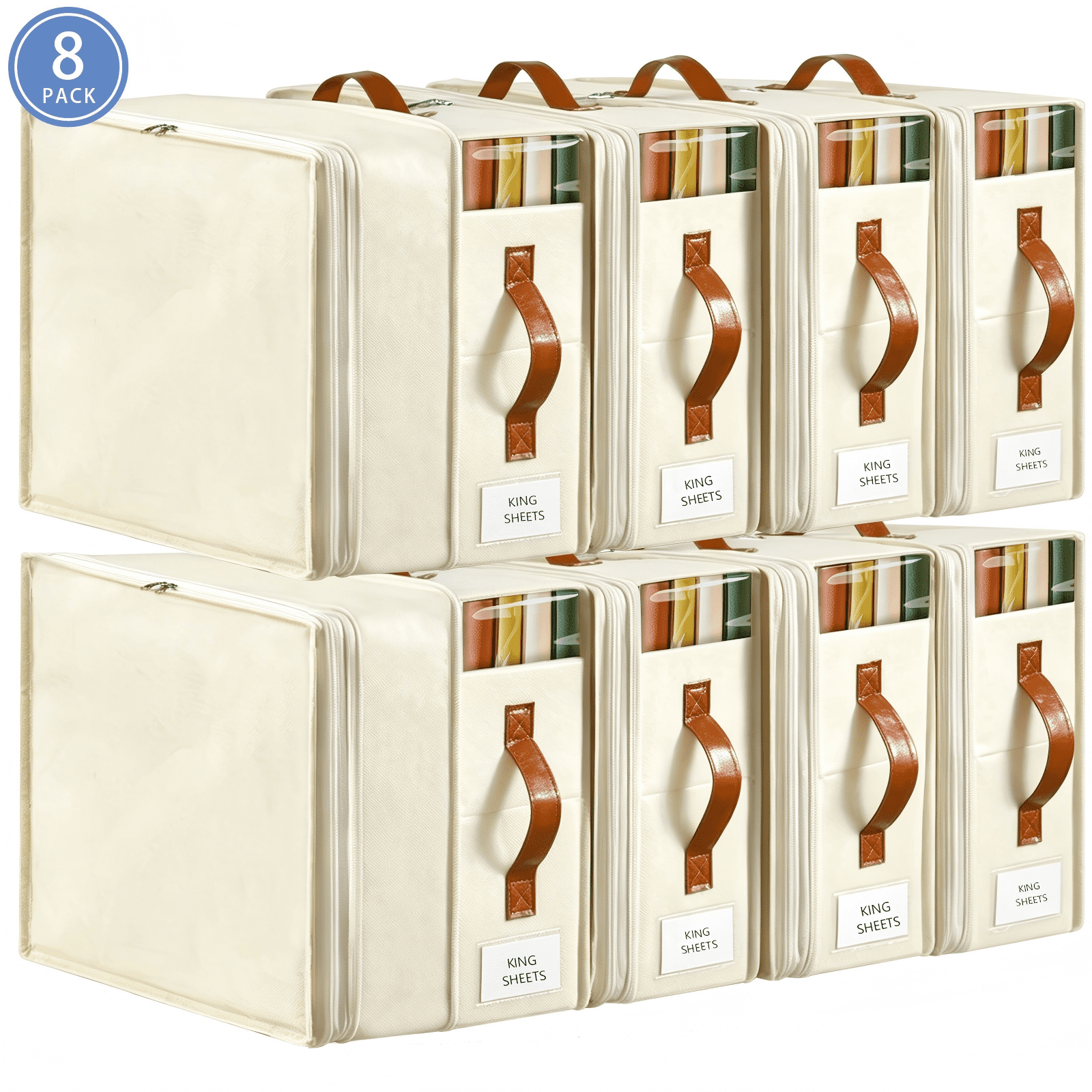 VOZOGO 8 Pack Bed Sheet Organizers and Storage Foldable Sheet Organizer for Closet Sheets Set Adjustable Size Folder Keeper with Zipper, Label, Handle, Window Organizing Bedding Container, White