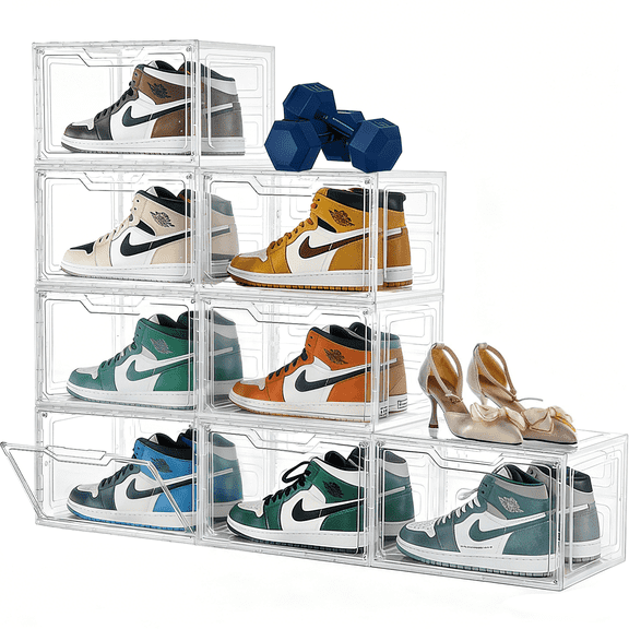 VOZOGO 8 Pack Thicken Clear Shoe Storage Organizer with Magnetic Door, Shoe Boxes Clear Plastic Stackable for Closet, Shoe Rack for Sneaker Boot Container, Shoe Cabinet Fit up to US Size 12