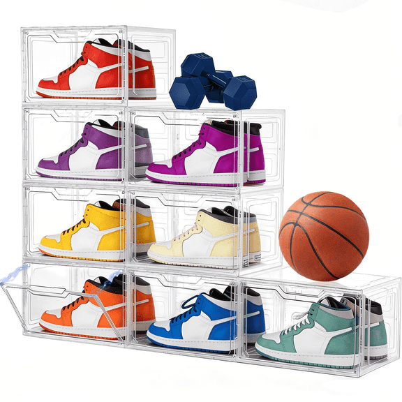 VOZOGO 8 Pack Clear Shoe Storage Organizer with Magnetic Door, Drop Side Shoe Boxes Clear Plastic Stackable for Closet, Shoe Rack for Sneaker Boot Container, Shoe Cabinet Fit up to US Size 13