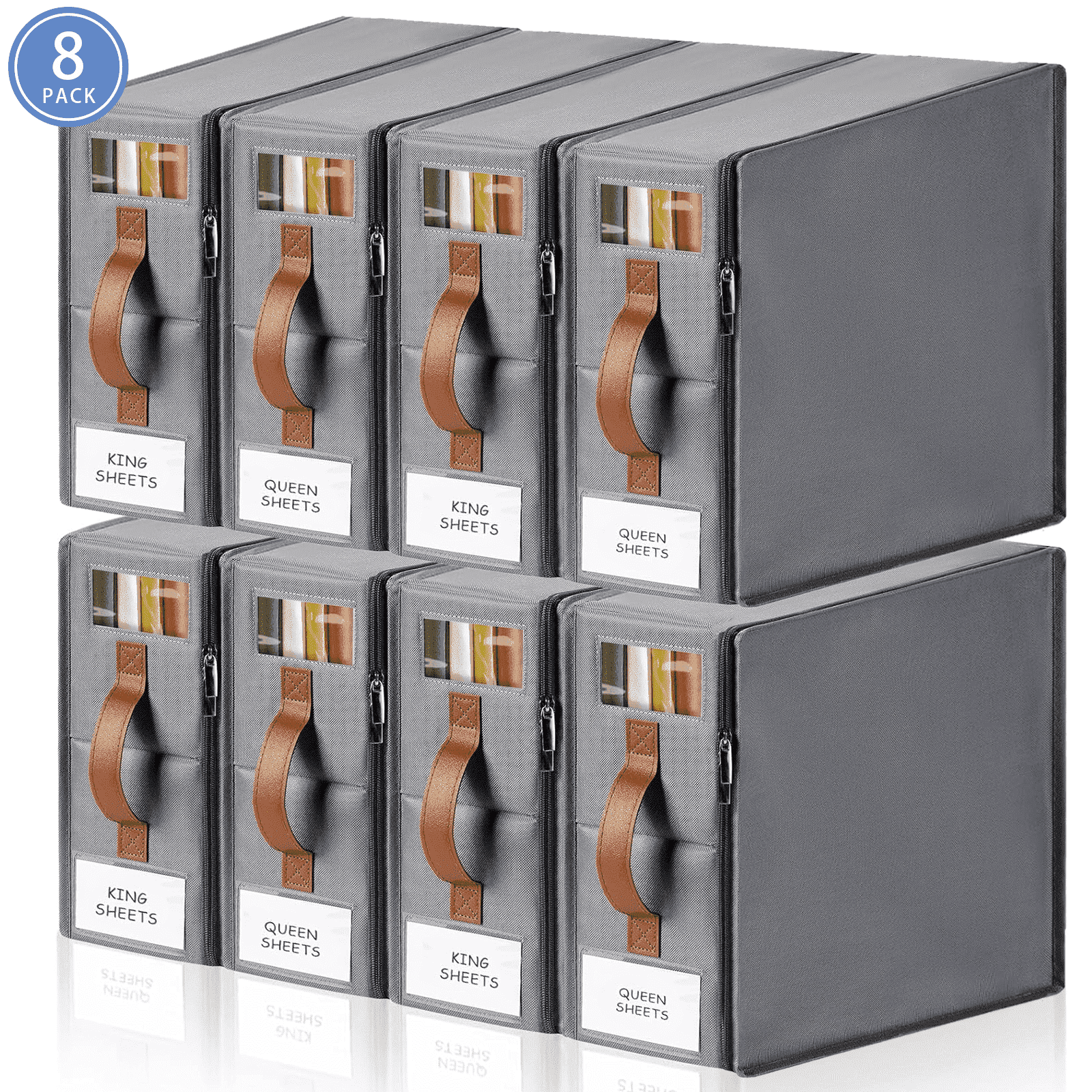 VOZOGO 8 Pack Bed Sheet Organizers and Storage,Sturdy Foldable Closet Storage Containers with Window and Label,Bedding Holder for Sheet Set (King/Queen Sizes),Duvet Covers,Blankets,Grey