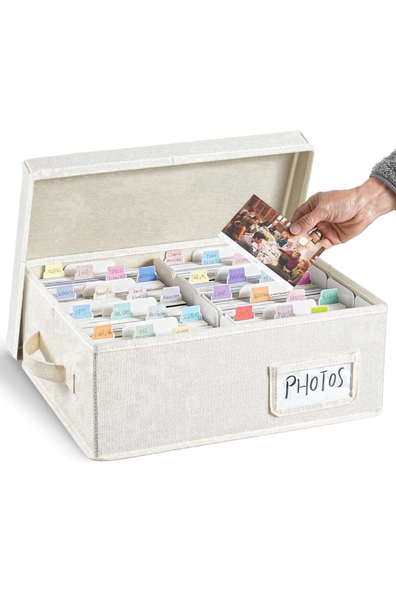 Photo Storage Box with Lid Sturdy Linen Decorative Photo Organizer with Dividers Fits Holds Up to 1700 Pictures and 4x6 Photos for Scrapbook Supplies,Cards, Stamps,Craft,Beige