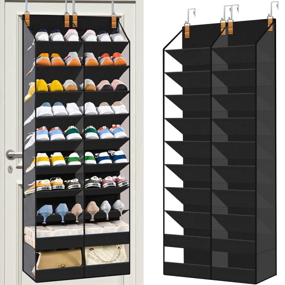 VOZOGO 20-30 Pairs Over the Door Shoe Organizer, Clear Pockets Hanging Shoe Storage for Closet, 10-Tier Door Shoes Rack, Handing Shoes Holder Fit All the Family's Sneakers, Boots, Heels, Black