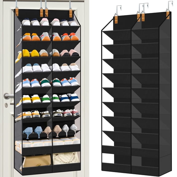 VOZOGO 20-30 Pairs Over the Door Shoe Organizer, Clear Pockets Hanging Shoe Storage for Closet, 10-Tier Door Shoes Rack, Handing Shoes Holder Fit All the Family's Sneakers, Boots, Heels, Black