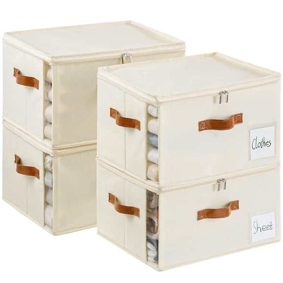 VOZOGO 4Pack Large Clothes Storage Bins with Sturdy Frame, Foldable Clothing Organizer Box, Sweater Storage Cube with Lids and Zipper, Fabric Bedding Storage Bags for Blankets, Seasonal Clothes