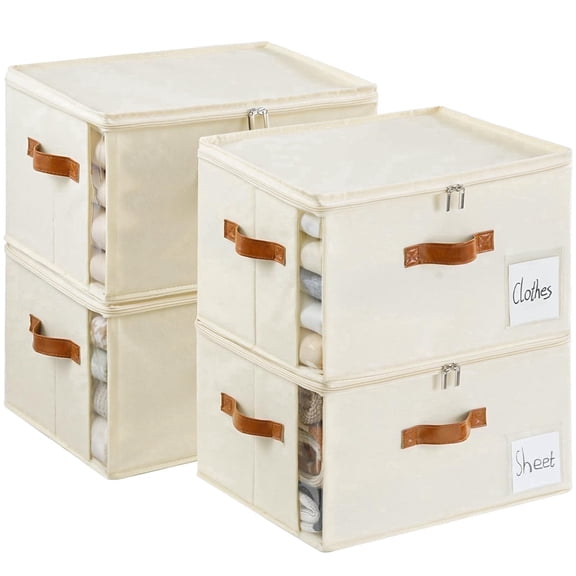 VOZOGO 4Pack Large Clothes Storage Bins with Zippers, Foldable Clothing Organizer Box with Sturdy Frame, Sweater Storage Cube Fabric Bedding Storage Bags for Blankets, Seasonal Clothes