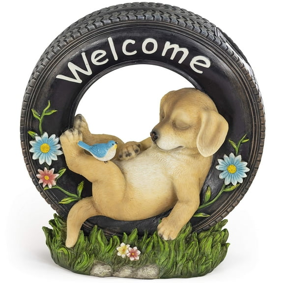 VP Home Chillaxing Welcome Puppy Dog Solar Powered LED Garden Light Welcome Chillax Puppy Statue Outdoor Funny Figurine Decor for Patio, Yard, Lawn