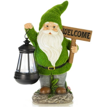 VP Home Welcome Flocked Outdoor Garden Gnome with Solar Powered LED Lantern