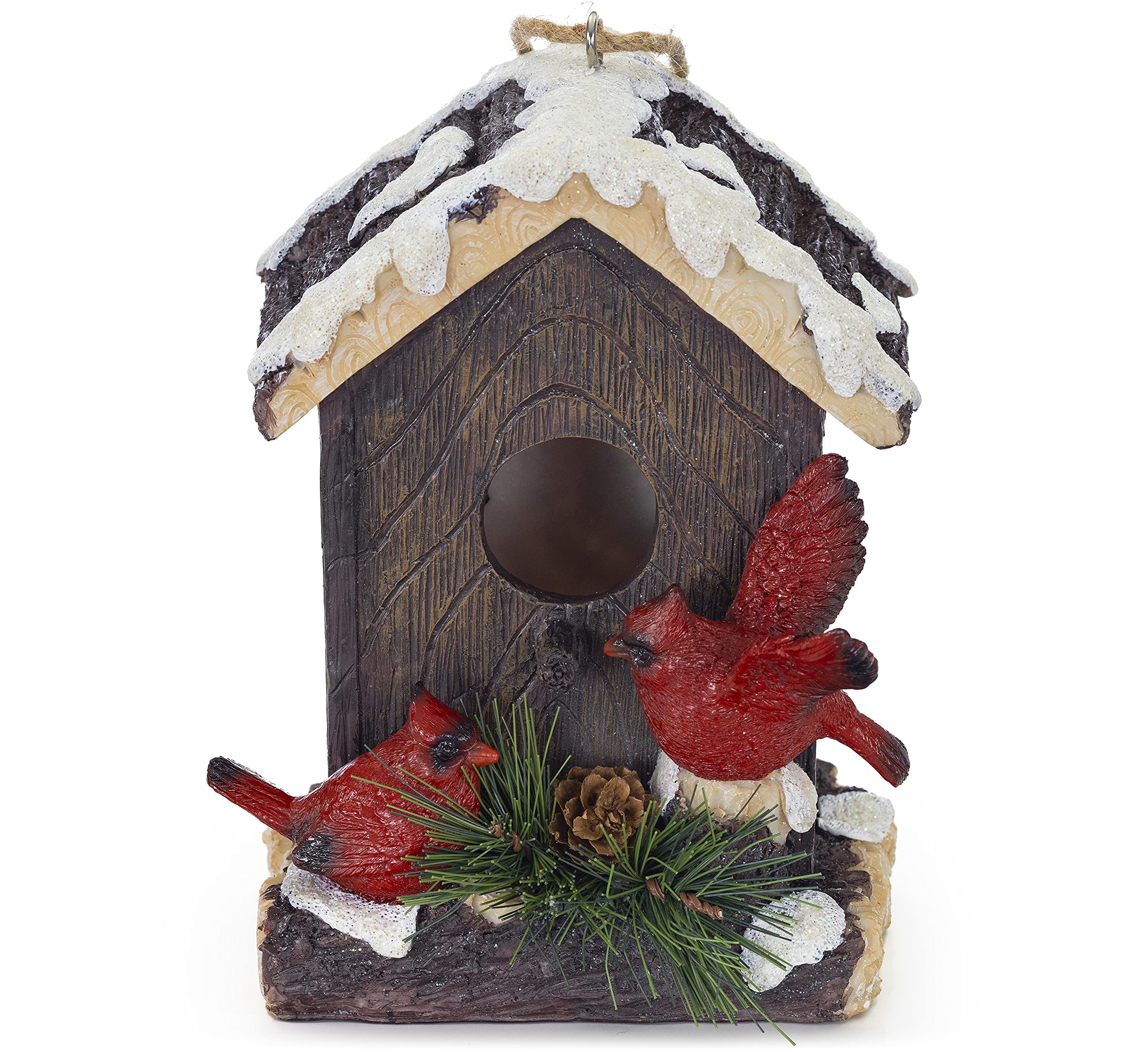 Winter Cardinals Hand-Painted Polyresin Hanging Birdhouse