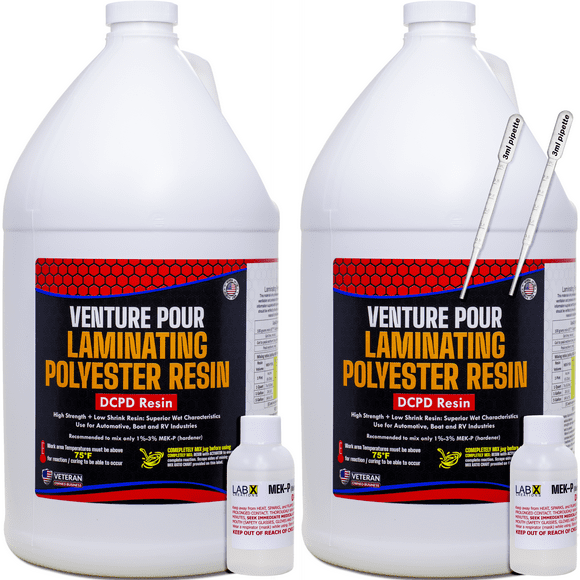 VP Premium 2 Gallon Polyester Resin + MEKP Hardener, Low Viscosity Coating for Laminating Fiberglass mat, Biaxle & Cloth for Boats, RV, Car & Truck Exterior Canoe Surfboards, Hard, Non-Tacky Finish