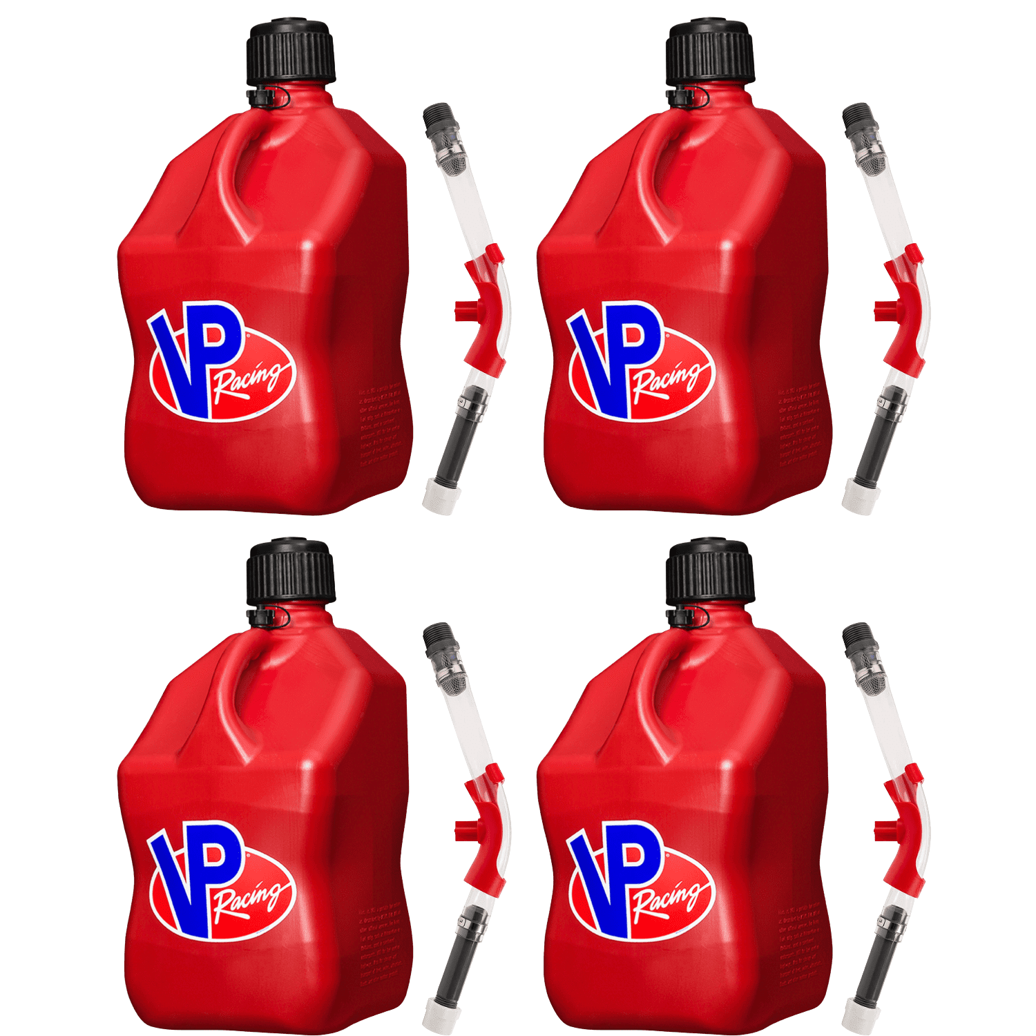 VP Racing 3512-CA, SQUARE Motorsport Jug 5.5 GALLON -Red, With Deluxe Filter Hose, and Hose Bender - (4 Pack)