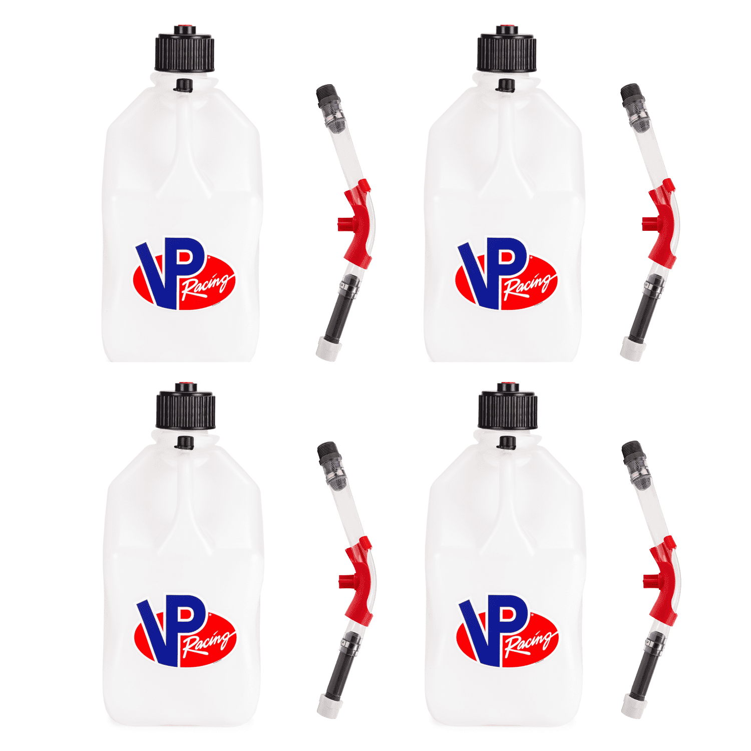 VP Racing 3522-CA, Square Motorsport Jug 5.5 Gallon -White, With Deluxe Filter Hose, and Hose Bender - (4 Pack)
