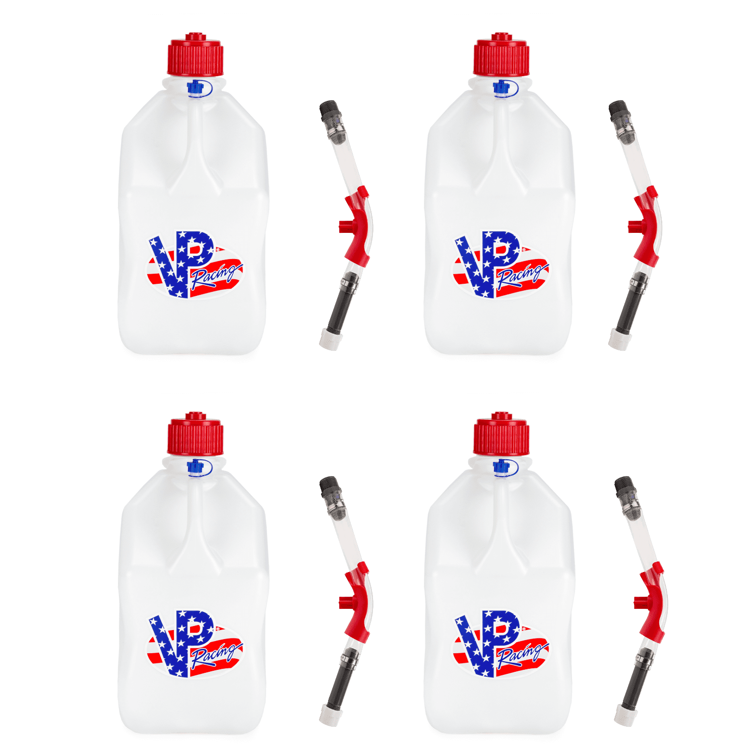 VP Racing 35221-CA, SQUARE Motorsport Jug 5.5 GALLON -Patriotic, With Deluxe Filter Hose, and Hose Bender - (4 Pack)