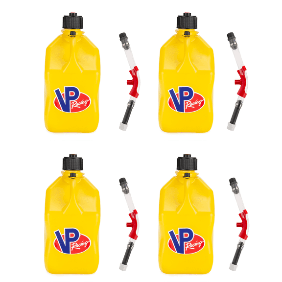 VP Racing 3552-CA, SQUARE Motorsport Jug 5.5 GALLON -Yellow, With Deluxe Filter Hose, and Hose Bender - (4 Pack)