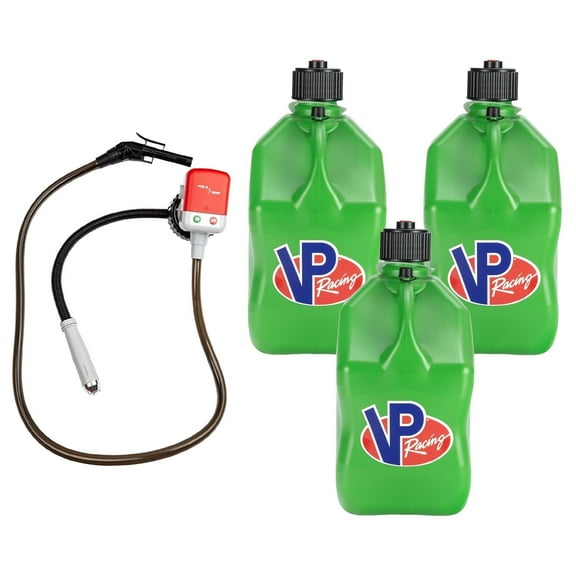 VP Racing 3562-CA, 5.5-Gallon Square Motorsport Jug Green (3 Pack), w/Utility Jug Battery Powered Fuel Transfer Pump (1 Pack)