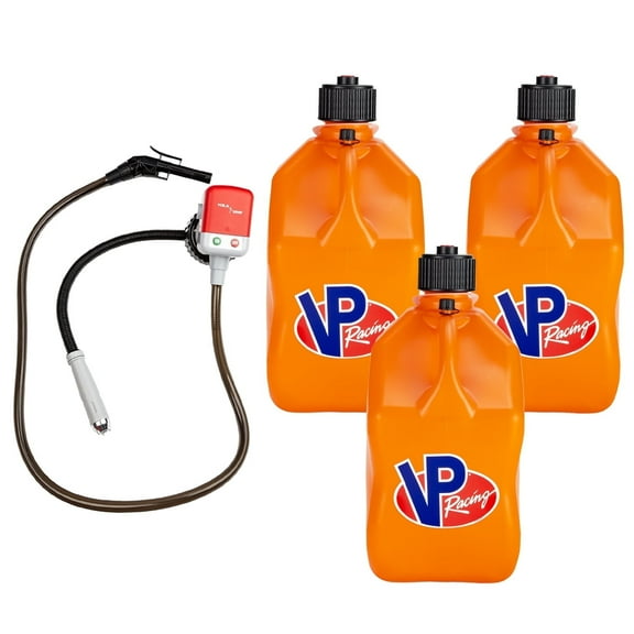 VP Racing 3572-CA, 5.5-Gallon Square Motorsport Jug Orange (3 Pack), w/Utility Jug Battery Powered Fuel Transfer Pump (1 Pack)