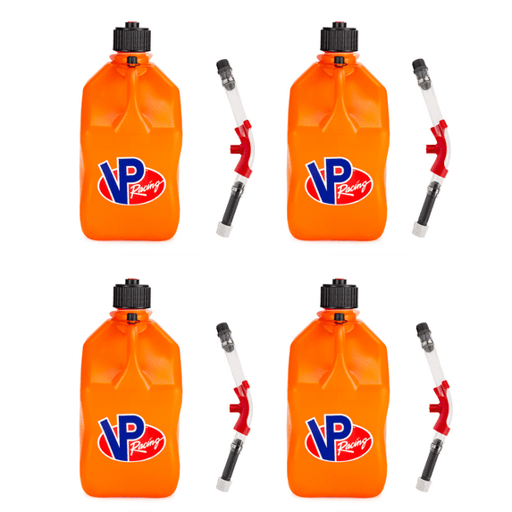 VP Racing 3572-CA, SQUARE Motorsport Jug 5.5 GALLON -Orange, With Deluxe Filter Hose, and Hose Bender - (4 Pack)