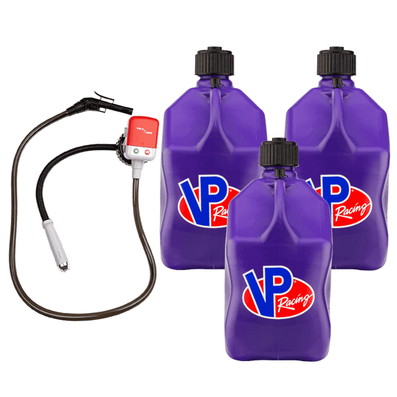 VP Racing 3612-CA, 5.5-Gallon Square Motorsport Jug Translucent Purple (3 Pack), w/Utility Jug Battery Powered Fuel Transfer Pump (1 Pack)
