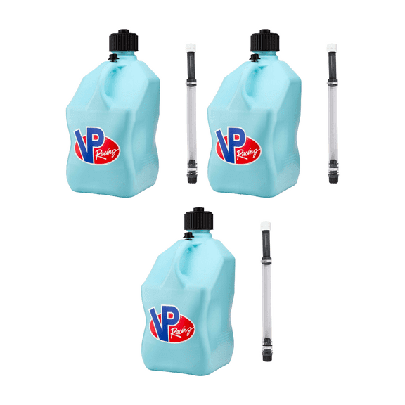 VP Racing 3632-CA, 5.5-Gallon Square Motorsport Jug Sky w/ 14" Deluxe Hose Close-Trimmed Cap and Neck for Tight Seal (3 Pack)