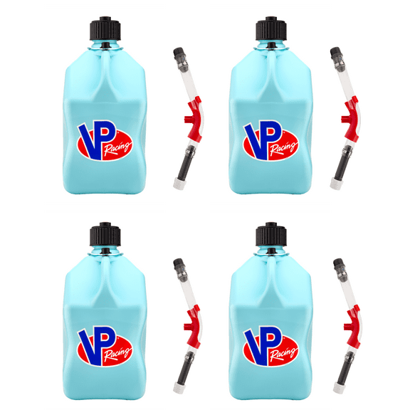 VP Racing 3632-CA, SQUARE Motorsport Jug 5.5 GALLON -Sky, With Deluxe Filter Hose, and Hose Bender - (4 Pack)