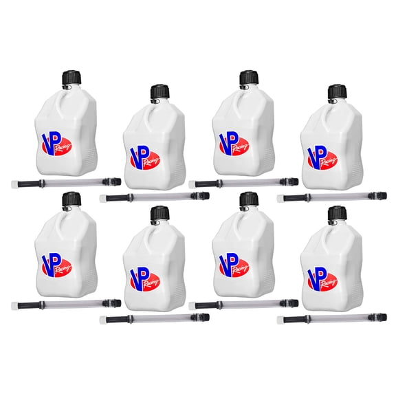 VP Racing 3522-CA 5.5-Gallon Square Motorsport Jug, White w/14 Inch Deluxe Filter Hose Close -Trimmed Cap and Neck for Tight Seal (8 Pack)