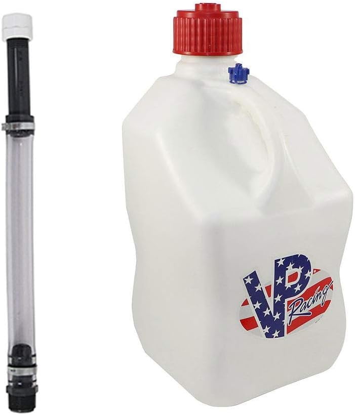 VP Racing 5.5 Gal. Square Patriotic Motorsport Container w/ 14 Inch Deluxe Filler Hose Close-Trimmed Cap and Neck for Tighter Seal