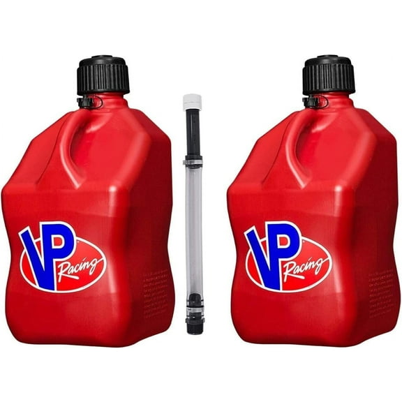 VP Racing 5.5-Gallon Square Motorsport Container (2 Pack) Red with 14" Deluxe Filler Hose (1 Pack) Features Close-Trimmed Cap and Neck for Tight Seal