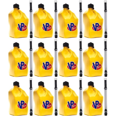 VP Racing 5.5-Gallon Square Motorsport Racing Utility Liquid Fuel Container Jug and 14 In Deluxe Hose Kit and Multipurpose Cap, Yellow 12 Pack