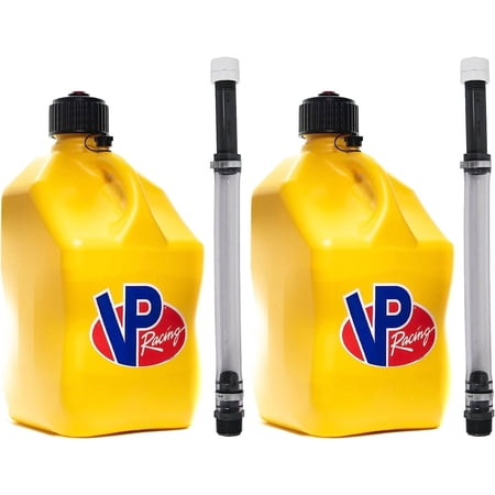 VP Racing 5.5-Gallon Square Motorsport Racing Utility Liquid Fuel Container Jug and 14 In Deluxe Hose Kit and Multipurpose Cap, Yellow 2 Pack
