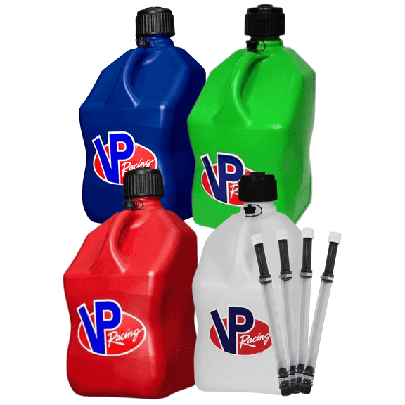 VP Racing Fuel 5.5 Gallon Racing Utility Jug Multicolor Bundle 4 Pack by Louisiana Pantry (4 Deluxe Hoses Included, Blue, Red, Green, and White)