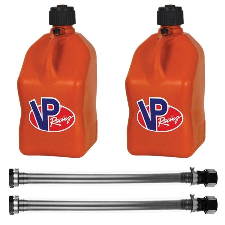 VP Racing 3572-CA, 5.5 Gallon Square Orange Motorsport Jug w/ 14 Inch Standard Filler Hose Close-Trimmed Cap and Neck for Tighter Seal (2 Pack)