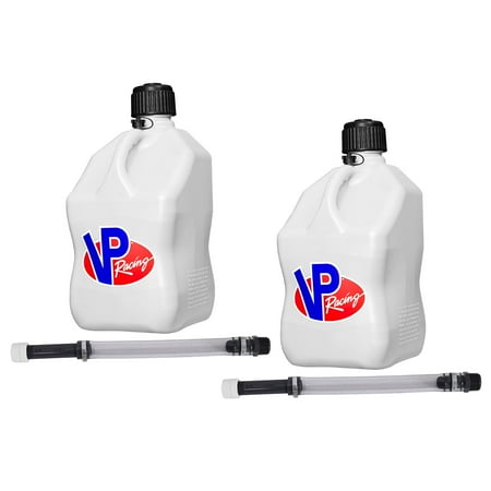 VP Racing 3522-CA 5.5-Gallon Square Motorsport Jug, White w/14 Inch Deluxe Filter Hose Close -Trimmed Cap and Neck for Tight Seal (2 Pack)