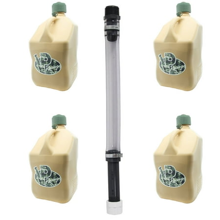 VP Racing 4042-CA, 5.5-Gallon Square Motorsport Jug Tactical Tan w/ 14" Deluxe Filter Hose Close-Trimmed Cap and Neck for Tight Seal - (4 Pack)