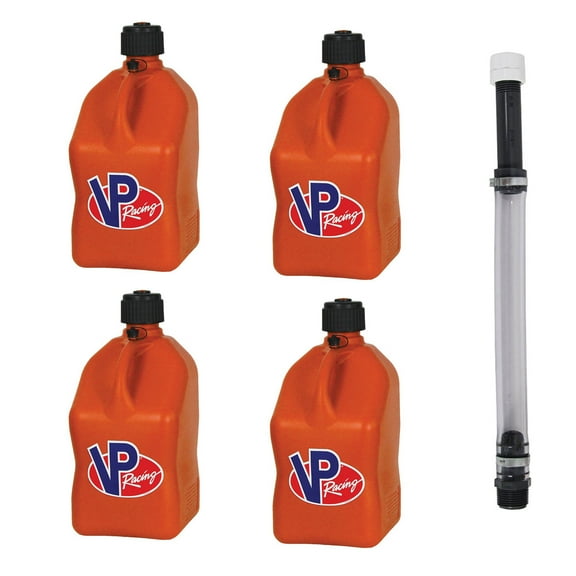 VP Racing 3572-CA, 5.5 Gallon Square Orange Motorsport Jug (4 Pack) w/ 14 Inch Deluxe Filler Hose (1 Pack) Close-Trimmed Cap and Neck for Tighter Seal