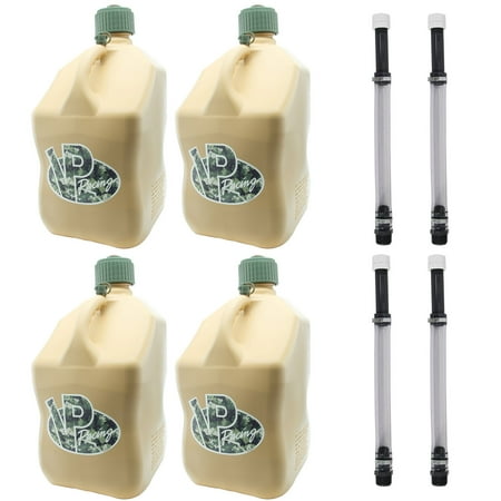 VP Racing 4042-CA, 5.5-Gallon Square Motorsport Jug Tactical Tan w/ 14" Deluxe Filter Hose Close-Trimmed Cap and Neck for Tight Seal - (4 Pack)