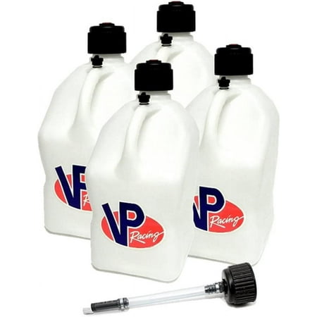 VP Racing 3522-CA 5.5-Gallon Square Motorsport Jug, White w/14 Inch Deluxe Filter Hose Close -Trimmed Cap and Neck for Tight Seal (4 Pack)