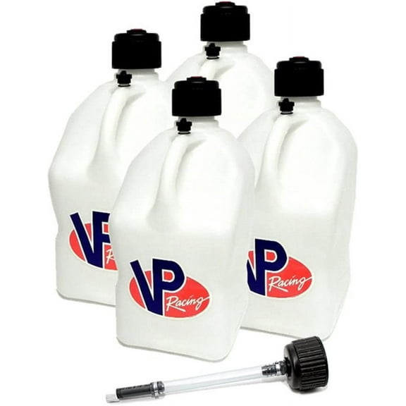 VP Racing 3522-CA 5.5-Gallon Square Motorsport Jug, White w/14 Inch Deluxe Filter Hose Close -Trimmed Cap and Neck for Tight Seal (4 Pack)