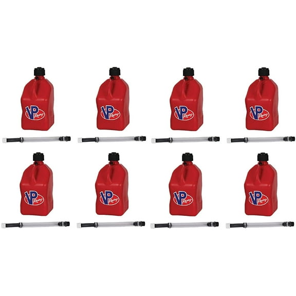 VP Racing Fuels 5-Gallon Square Motorsport Racing Liquid Jug Can Container Red and 14" Hose 8 Pack